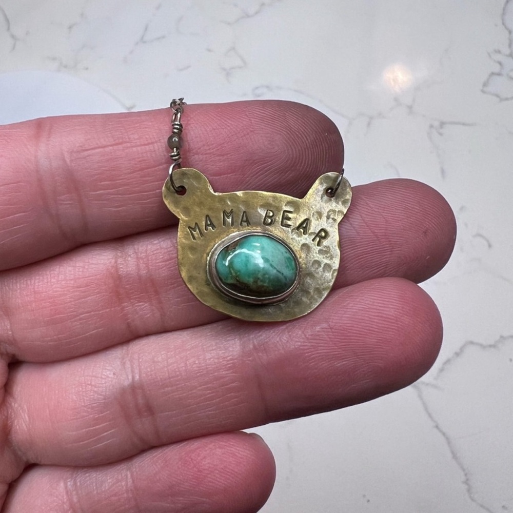 Mama Bear Gold Pendant Necklace. Labradorite oval and labradorite diamond shape